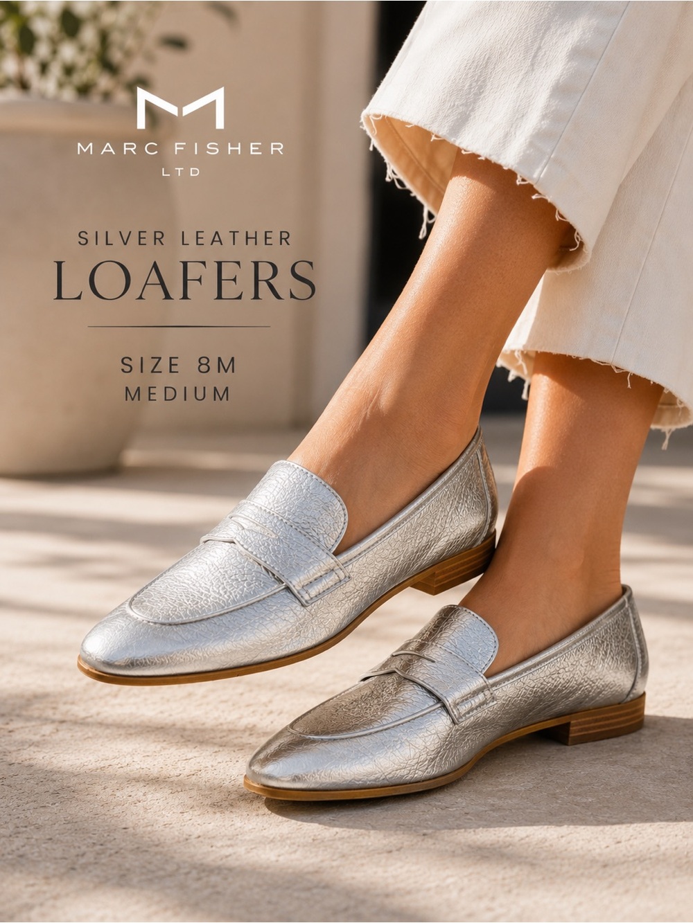 Marc Fisher Silver Leather Penny Loafers Women’s Size 8M Metallic Slip-On Flats